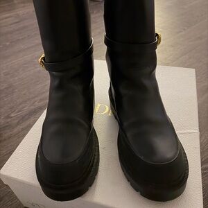 Dior Black Leather Heeled Boots with Gold Accent